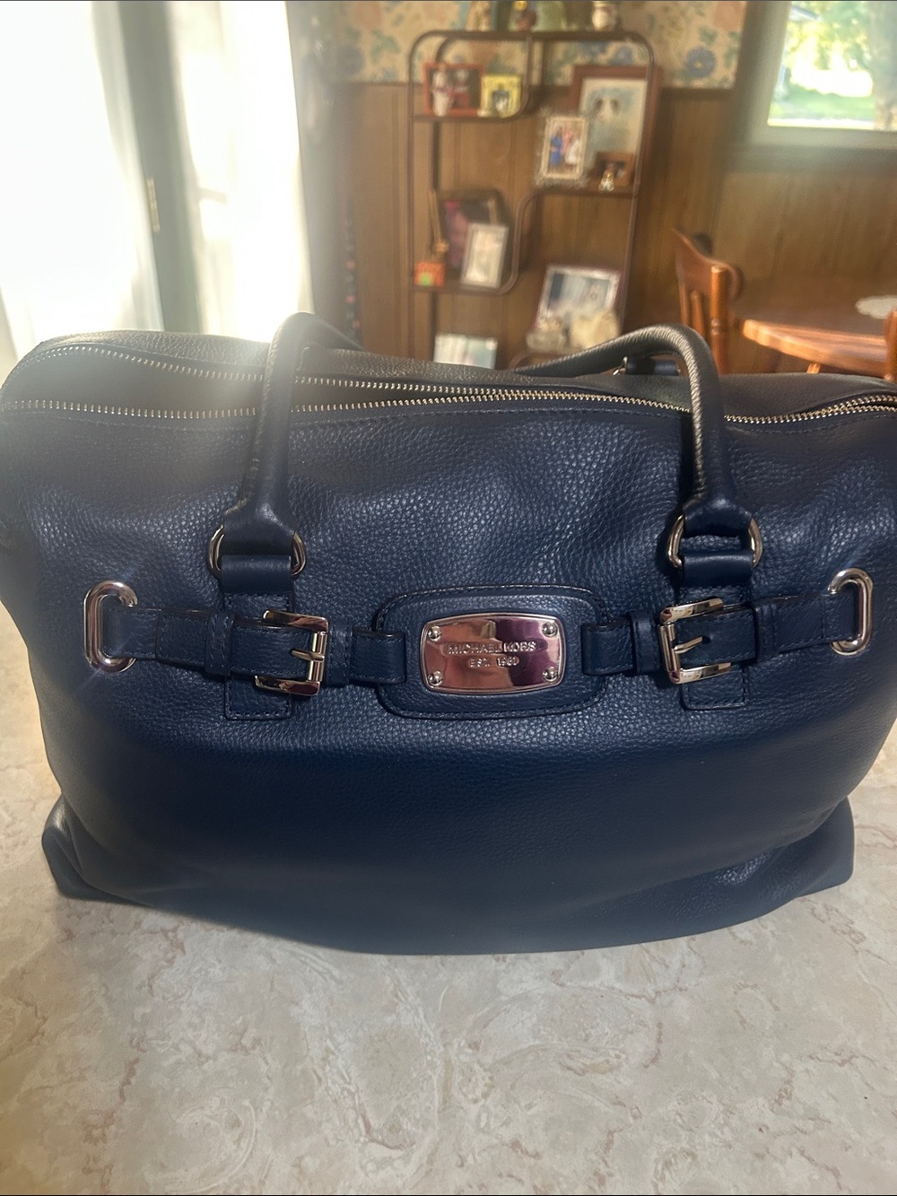 MICHAEL Michael Kors Navy Pebbled Leather Tote with Gold Hardware Plate